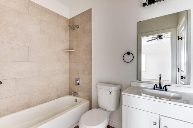 full bathroom featuring vanity, washtub / shower combination, a ceiling fan, and toilet