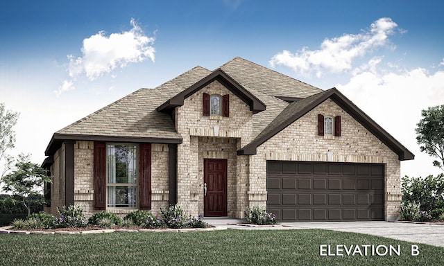 french country inspired facade with an attached garage, driveway, stone siding, and a front lawn