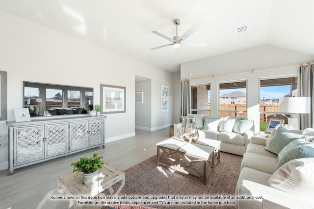 living room with a ceiling fan, baseboards, wood finished floors, vaulted ceiling, and visible vents