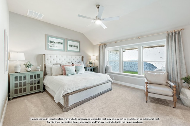 bedroom with ceiling fan, visible vents, baseboards, lofted ceiling, and carpet