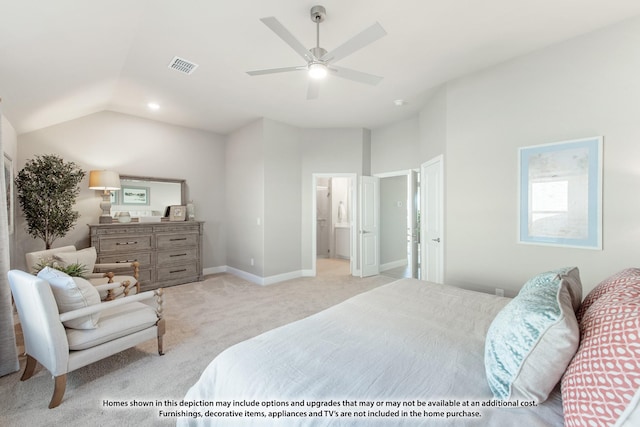 bedroom with ceiling fan, connected bathroom, visible vents, lofted ceiling, and carpet