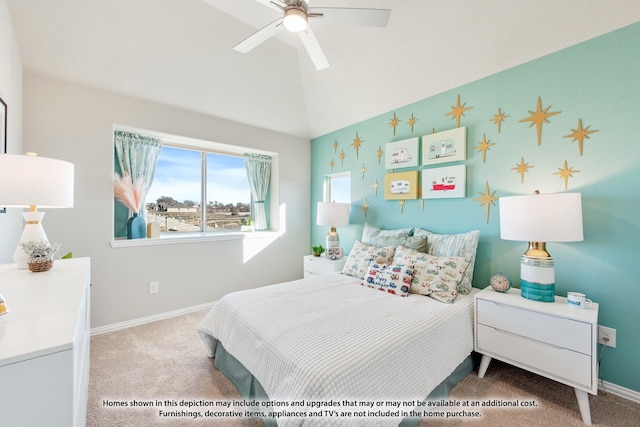 carpeted bedroom with baseboards, ceiling fan, and lofted ceiling