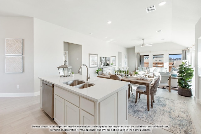 kitchen featuring visible vents, stainless steel dishwasher, a center island with sink, a sink, and open floor plan