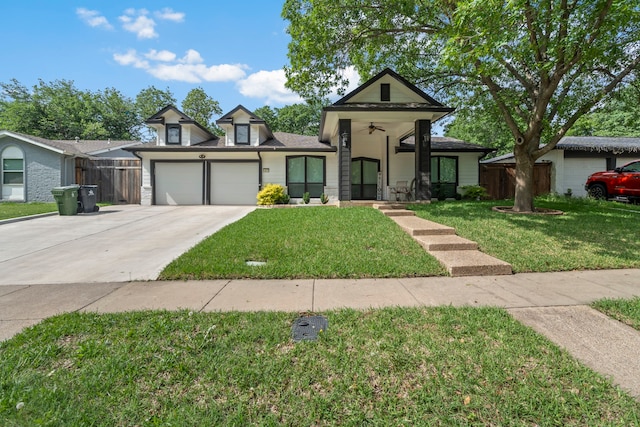 1411 Harvest Hill Ln, Arlington, TX 76014 - view of front of home with a garage, fence, a front yard, and concrete driveway