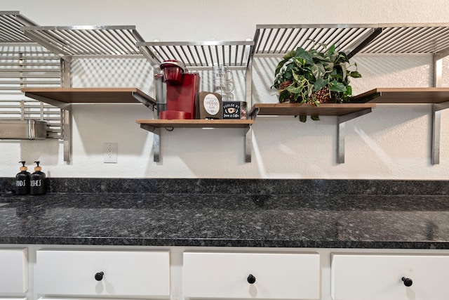 1411 Harvest Hill Ln, Arlington, TX 76014 - kitchen featuring white cabinets, open shelves, and dark countertops