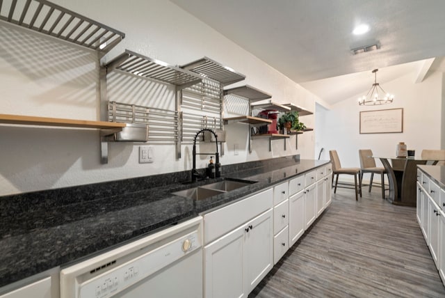 1411 Harvest Hill Ln, Arlington, TX 76014 - kitchen featuring white dishwasher, open shelves, vaulted ceiling, a sink, and white cabinets