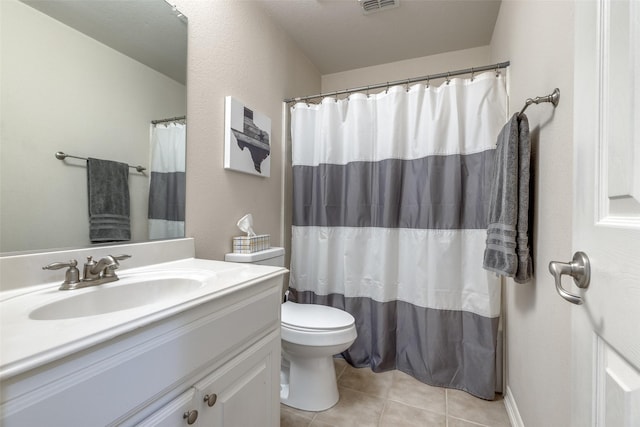 full bath featuring vanity, toilet, tile patterned floors, a shower with curtain, and visible vents