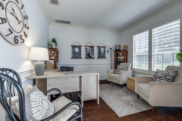 office area featuring visible vents, ornamental molding, and dark wood finished floors