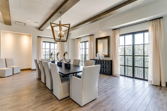 2800 Lakeside Pkwy Unit 1003, Flower Mound, TX 75022 - dining area with an inviting chandelier, light wood finished floors, baseboards, and beamed ceiling