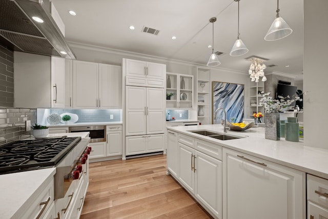 2800 Lakeside Pkwy Unit 1003, Flower Mound, TX 75022 - kitchen with visible vents, crown molding, a sink, stainless steel gas stovetop, and extractor fan