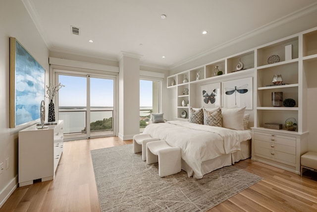 2800 Lakeside Pkwy Unit 1003, Flower Mound, TX 75022 - bedroom featuring access to outside, visible vents, ornamental molding, and light wood-type flooring