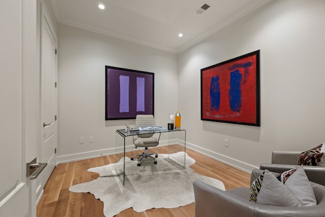 2800 Lakeside Pkwy Unit 1003, Flower Mound, TX 75022 - home office with crown molding, recessed lighting, baseboards, wood finished floors, and visible vents