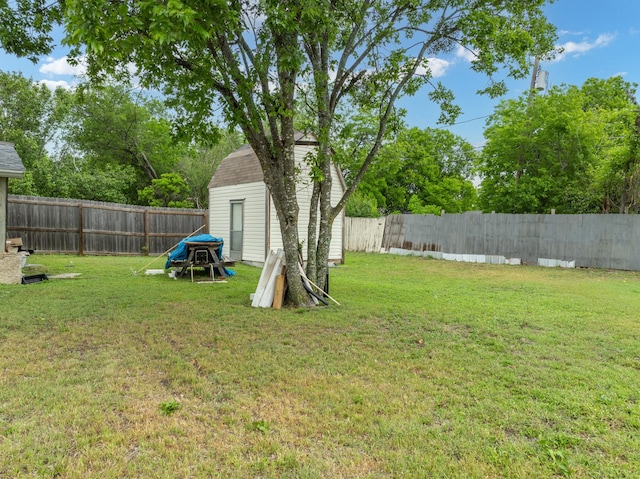 view of yard with an outdoor structure, a fenced backyard, and a storage unit