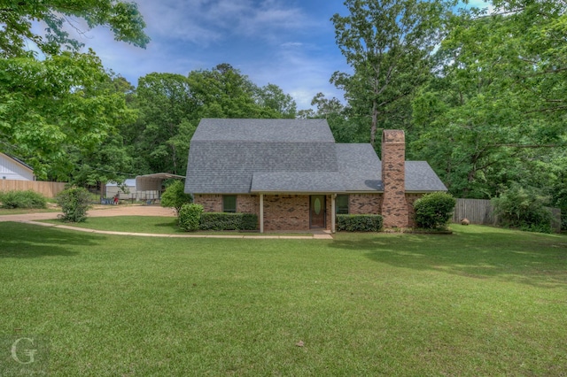 view of front of home featuring a detached carport, fence, a front yard, a chimney, and a shingled roof