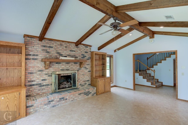 unfurnished living room with a brick fireplace, stairs, a ceiling fan, baseboards, and visible vents