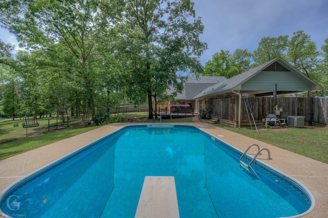 view of swimming pool with a fenced in pool, a fenced backyard, a lawn, and central AC