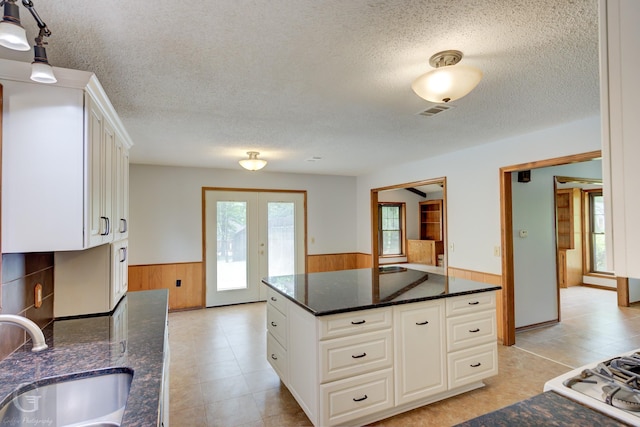 kitchen with a sink, a textured ceiling, a wainscoted wall, and a healthy amount of sunlight