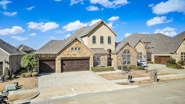 2407 Resort Dr, Heath, TX 75126 - french provincial home with concrete driveway, an attached garage, stone siding, and stucco siding