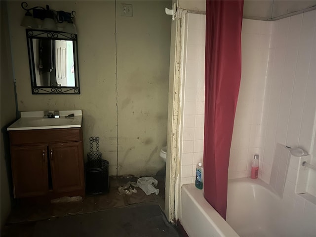 bathroom with vanity, shower / bath combination with curtain, and toilet