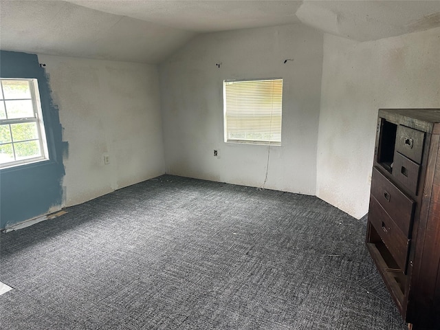 interior space with vaulted ceiling and dark carpet