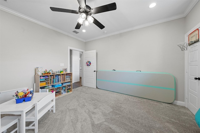 10109 Braided Briar Ln, Waco, TX 76712 - rec room featuring carpet floors, crown molding, recessed lighting, and ceiling fan