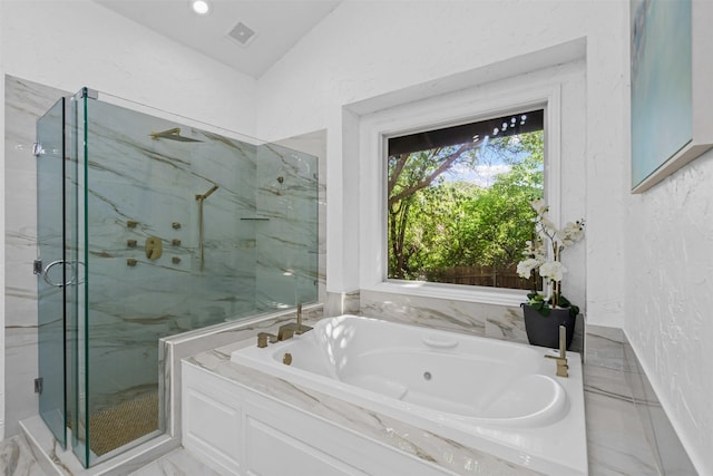 108 Dustin Cir, Hudson Oaks, TX 76087 - bathroom with a marble finish shower, a tub with jets, visible vents, marble finish floor, and lofted ceiling