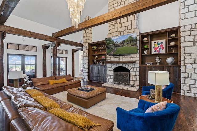 108 Dustin Cir, Hudson Oaks, TX 76087 - living area with an inviting chandelier, a fireplace, a towering ceiling, and wood-type flooring