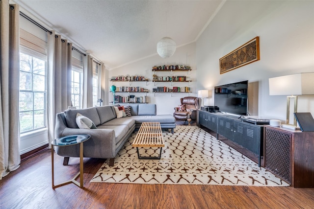living room featuring crown molding, wood finished floors, and lofted ceiling