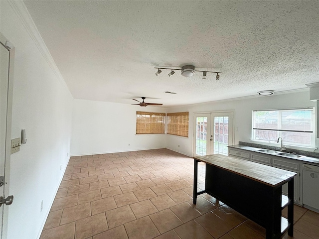 kitchen featuring crown molding, visible vents, ceiling fan, french doors, and a sink