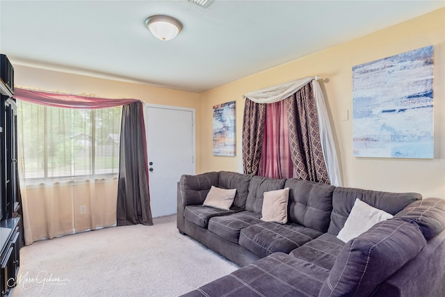 living area featuring light colored carpet