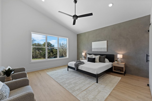 238 Glenview Cir, Belton, TX 76513 - bedroom with high vaulted ceiling, light wood-style flooring, a ceiling fan, baseboards, and recessed lighting
