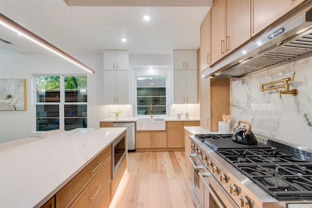 kitchen with appliances with stainless steel finishes, a sink, light wood finished floors, backsplash, and under cabinet range hood