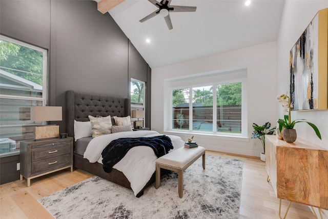 bedroom featuring a ceiling fan, beam ceiling, high vaulted ceiling, light wood-style floors, and recessed lighting