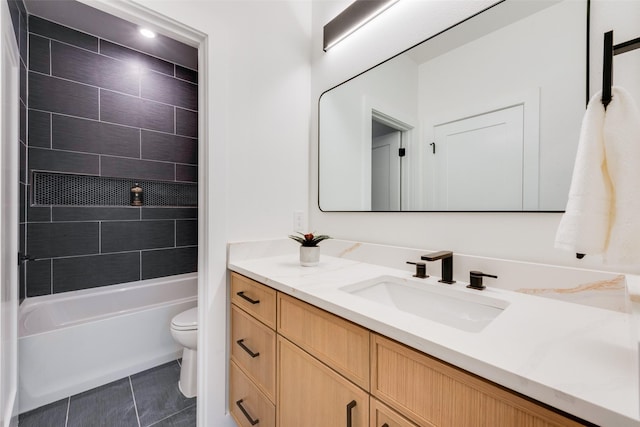 full bath with toilet, shower / washtub combination, tile patterned flooring, and vanity