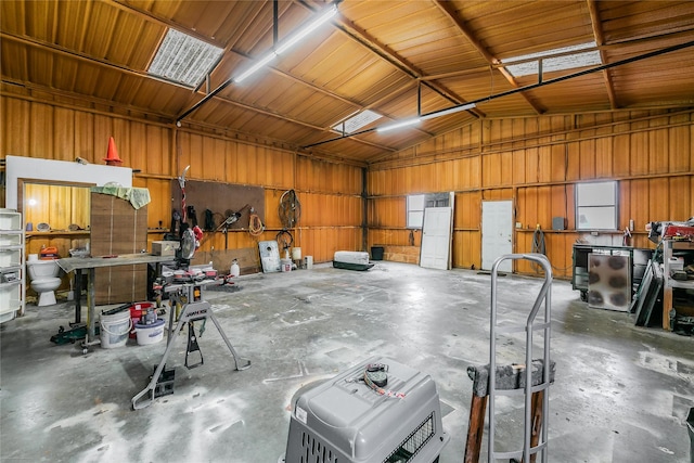 garage with a workshop area
