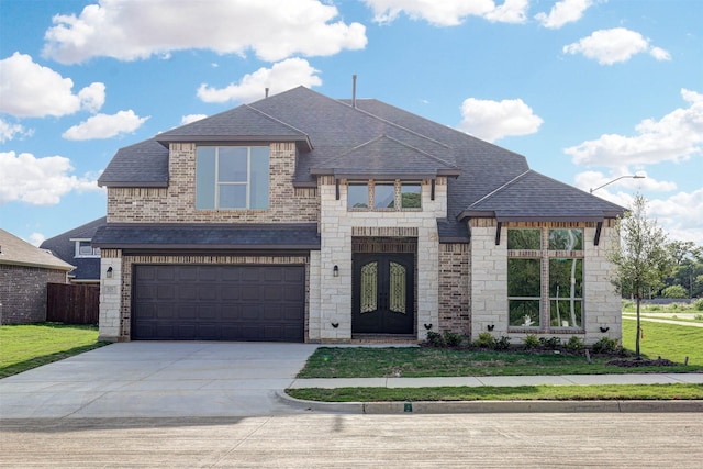 929 Ryed Ln, Fort Worth, TX 76120 - view of front facade with roof with shingles, a front lawn, driveway, and french doors