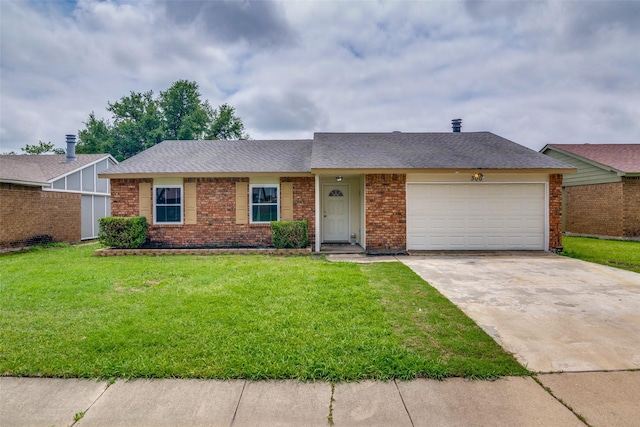 ranch-style house with driveway, a garage, brick siding, a front lawn, and a shingled roof