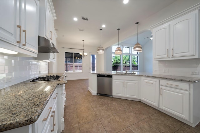 6917 Moody Ave, Frisco, TX 75035 - kitchen featuring stainless steel appliances, under cabinet range hood, backsplash, a peninsula, and white cabinetry