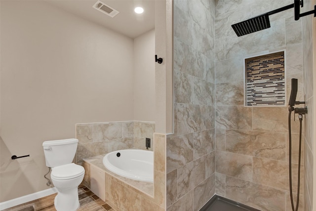 703 S Montgomery St, Sherman, TX 75090 - full bath featuring a garden tub, toilet, a tile shower, and wood finished floors