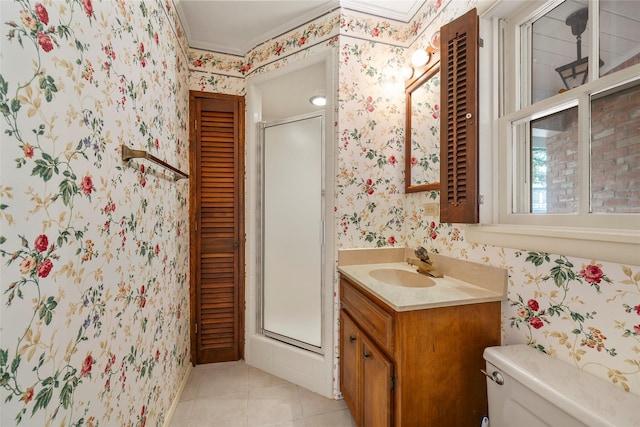 bathroom featuring a stall shower, tile patterned floors, a closet, toilet, and wallpapered walls