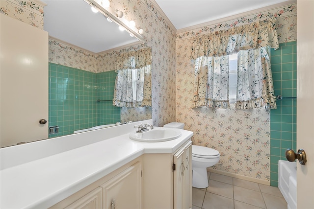 bathroom featuring vanity, tile patterned flooring, toilet, and wallpapered walls