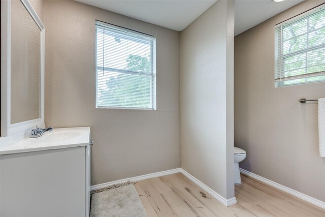 bathroom with vanity, baseboards, wood finished floors, and toilet
