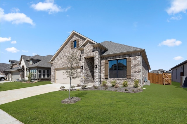 french country home featuring an attached garage, driveway, a front lawn, and brick siding