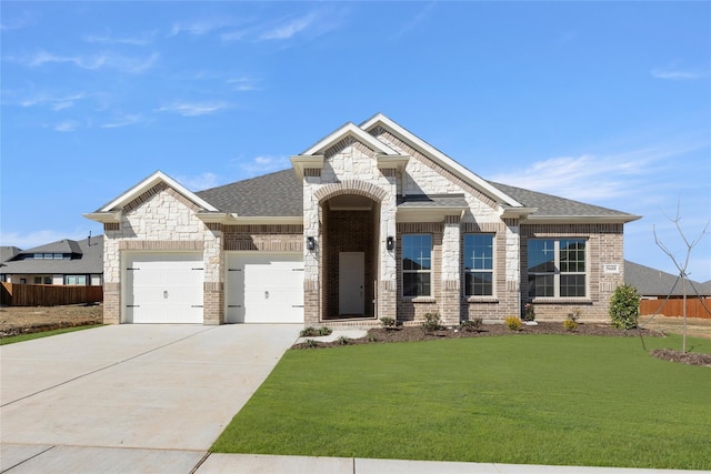 french provincial home with a garage, driveway, a front lawn, and brick siding
