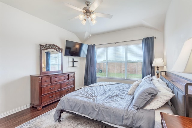 735 Cedar Cove Dr, Princeton, TX 75407 - bedroom with dark wood-style floors, baseboards, vaulted ceiling, and ceiling fan