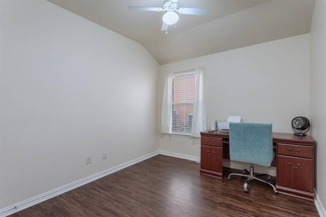 735 Cedar Cove Dr, Princeton, TX 75407 - office space with dark wood-style floors, lofted ceiling, ceiling fan, and baseboards