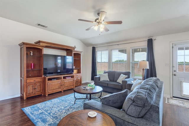 735 Cedar Cove Dr, Princeton, TX 75407 - living room featuring a ceiling fan, dark wood-style floors, baseboards, and lofted ceiling