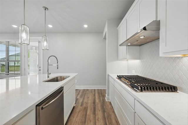 1000 Tulip Pl, Crowley, TX 76036 - kitchen featuring a sink, stainless steel appliances, under cabinet range hood, backsplash, and recessed lighting