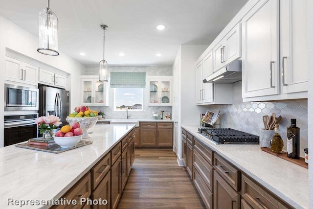 kitchen featuring white cabinets, hanging light fixtures, stainless steel appliances, under cabinet range hood, and glass insert cabinets