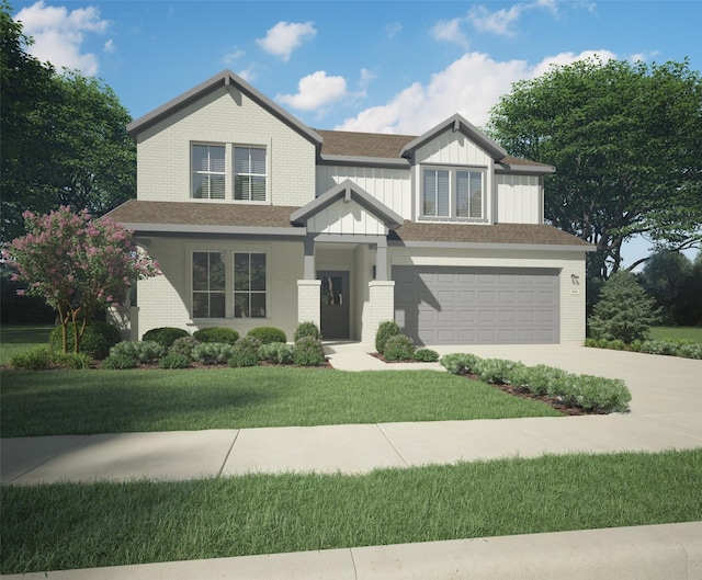 traditional-style house featuring concrete driveway, brick siding, a front yard, and a garage